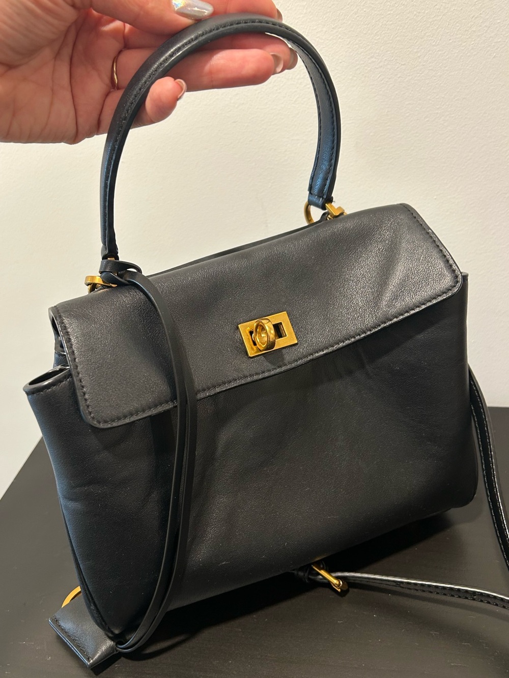 Mini Classic Black Real Leather Top-Handle Shoulder Bag